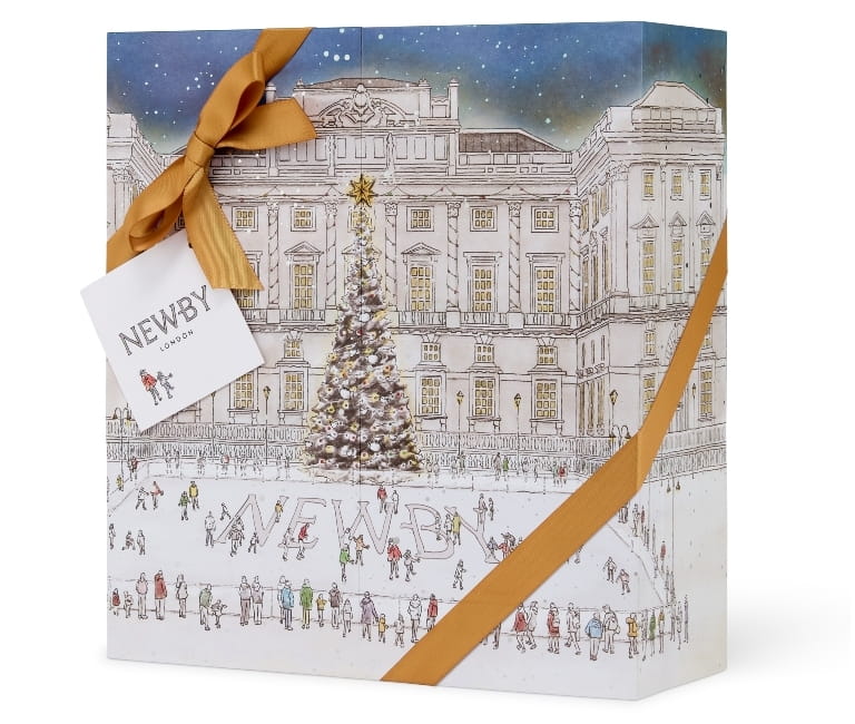 A Newby Teas advent calendar with a festive stately home illustration on the box