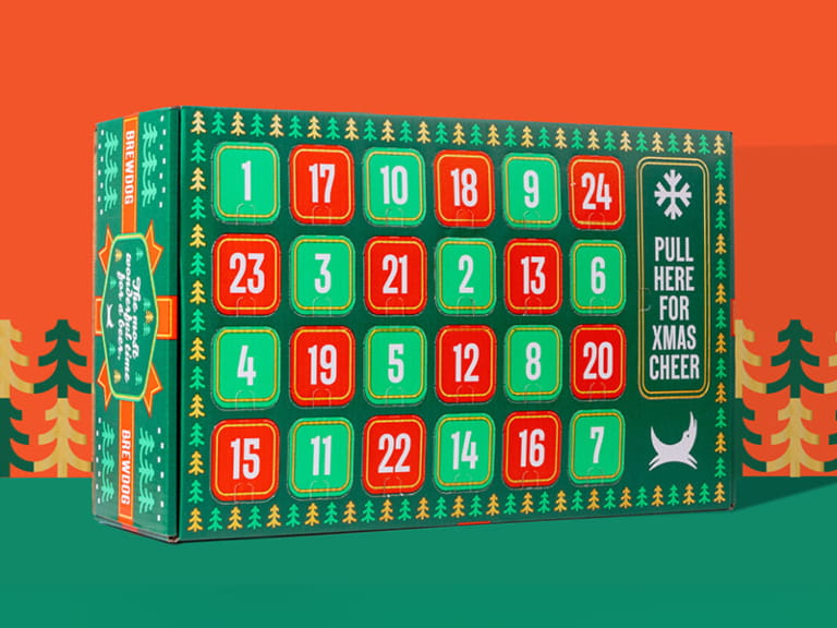 A craft beer advent calendar box in festive red and greens