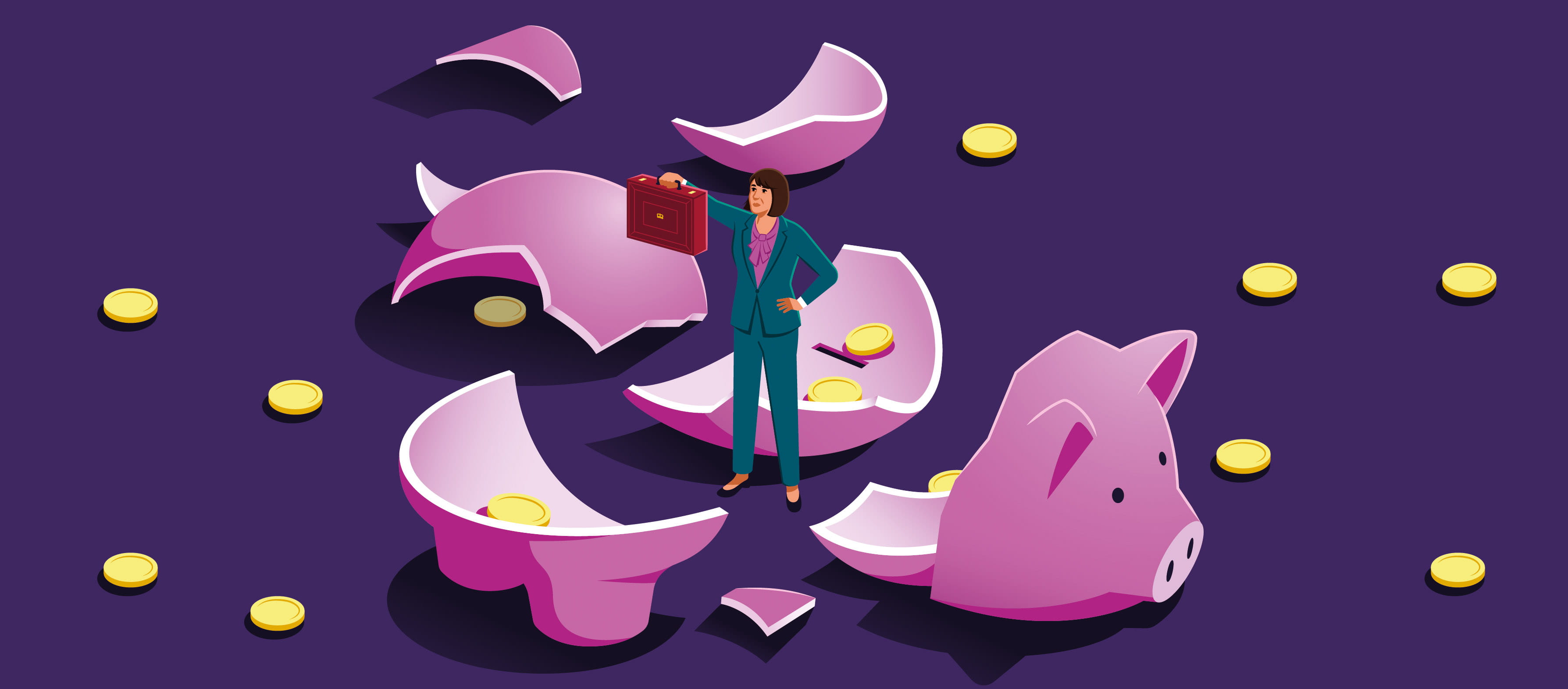 A drawing of a smashed piggy bank with a man standing in the middle of it