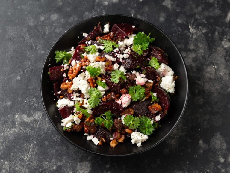 Beetroot salad with feta cheese and walnuts
