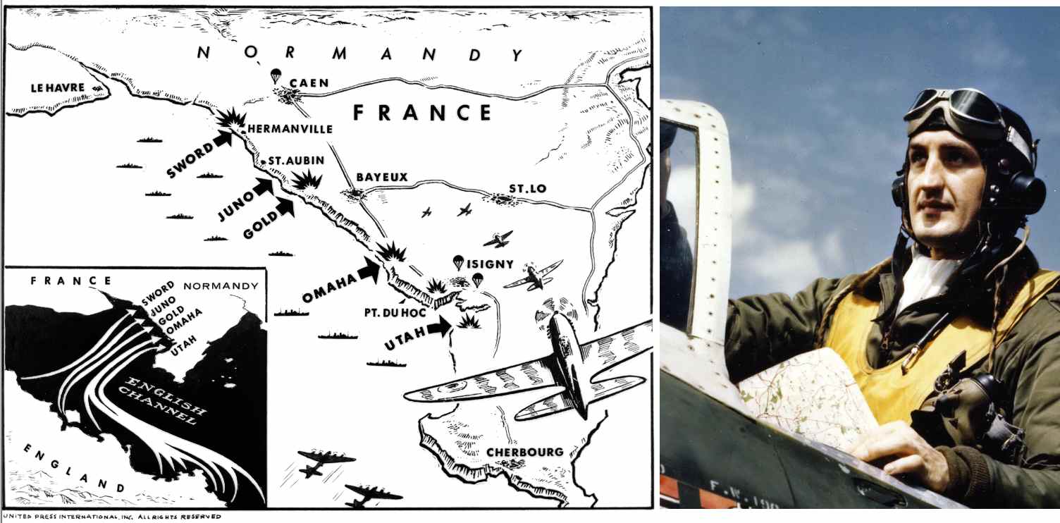 a map next to a pilot from D-Day