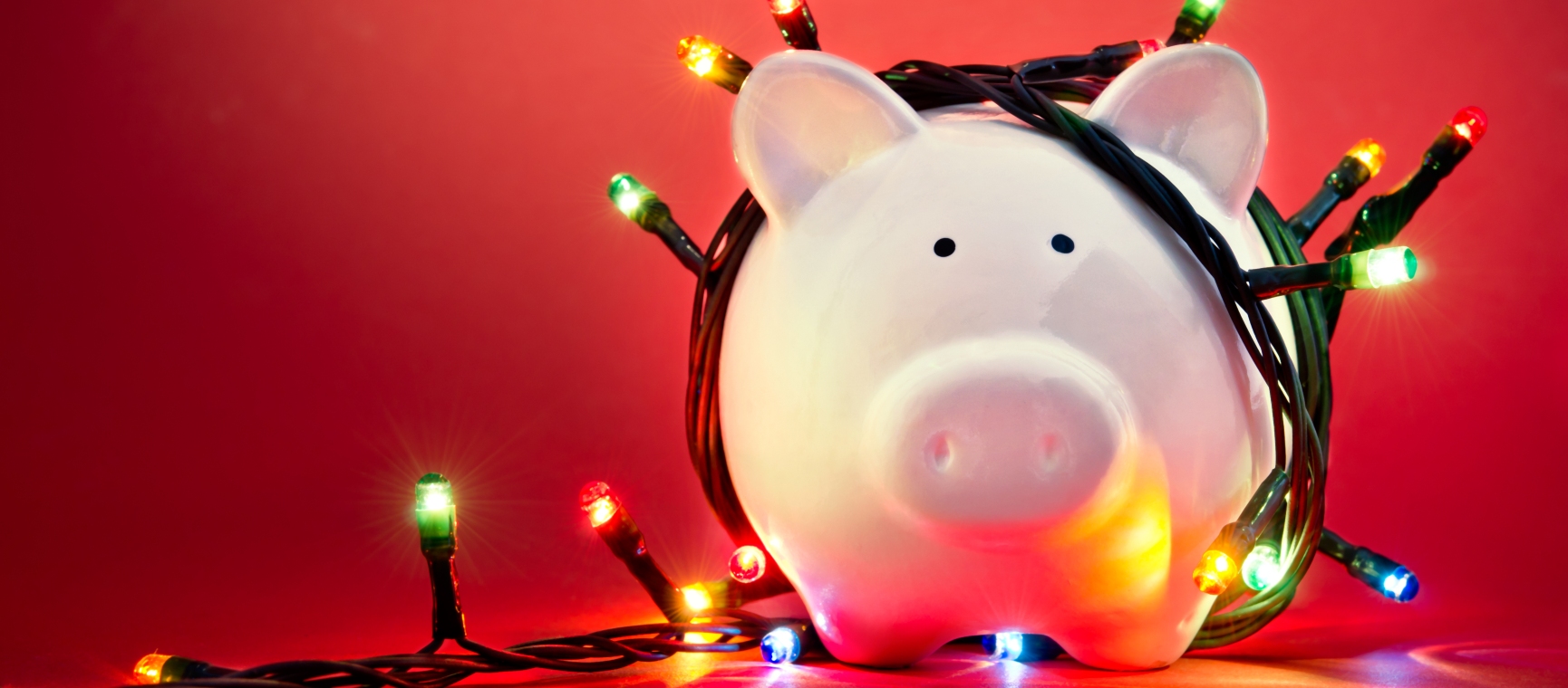 Piggy bank wrapped in colourful Christmas lights