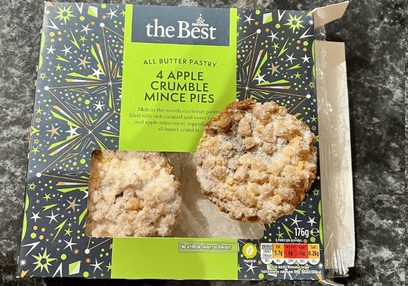 A box of Morrison Apple Crumble Mince Pies