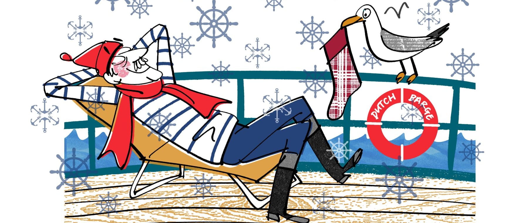 Illustration of Hunter Davies relaxing on a barge at Christmas