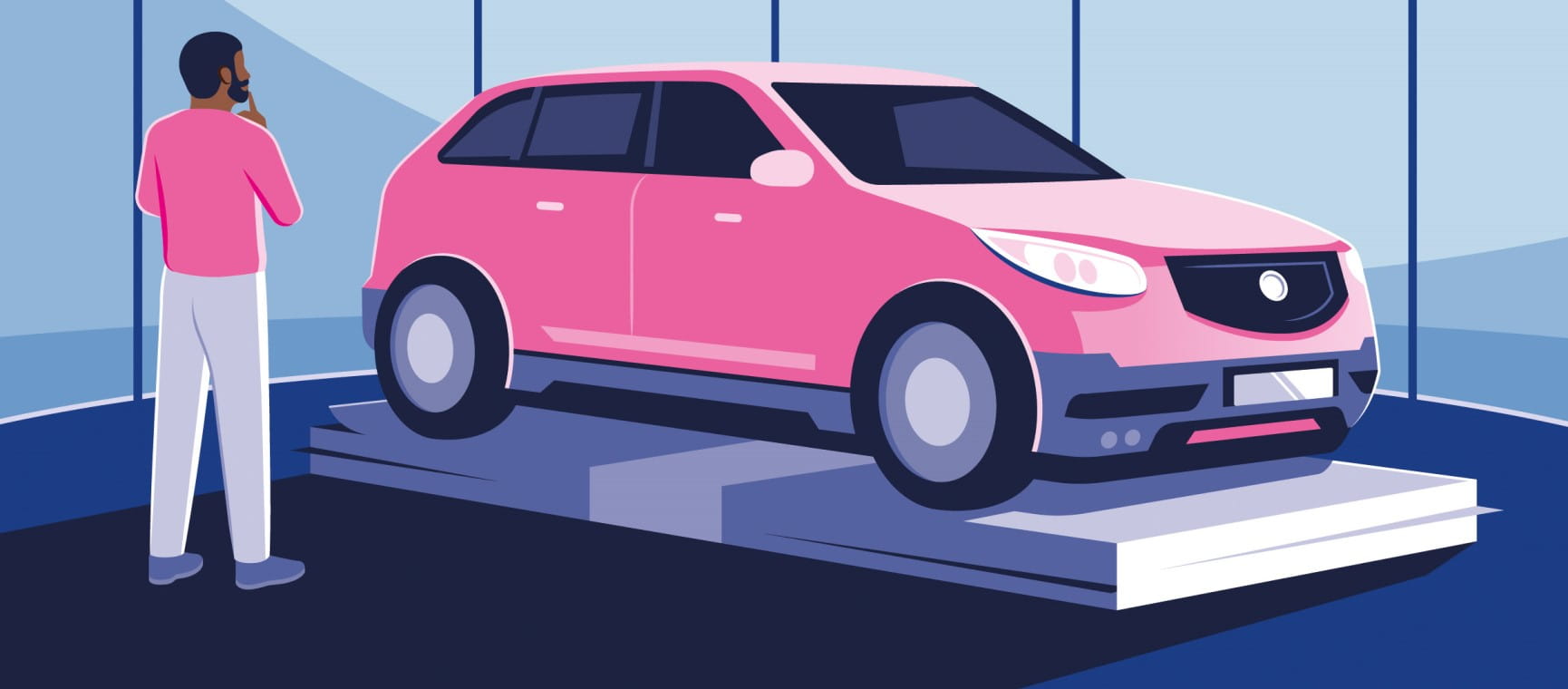 An illustration of a man looking at a car in a showroom