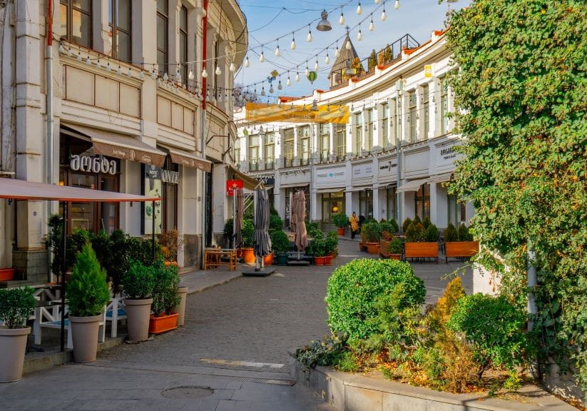 View of the treelined Shardeni street in historical part of Tbilisi