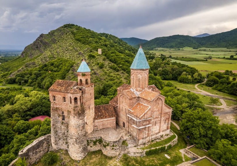 Aerial view of the Gremi castle and church. Kakheti, Georgia.