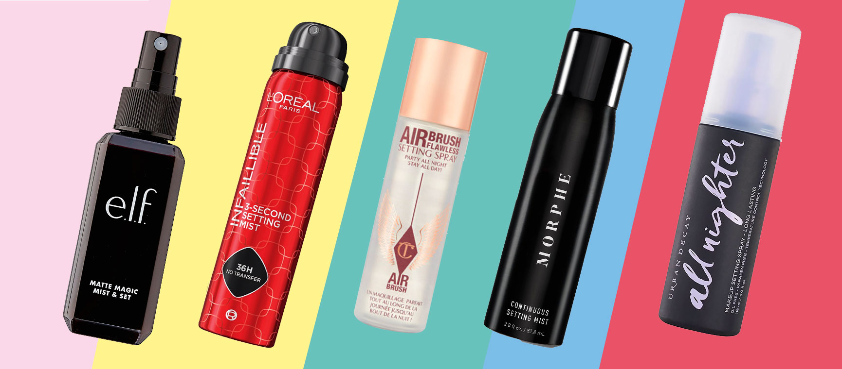 Five examples of setting spray (Elf Matte Magic; L’Oréal 3-Second Setting Mist; Charlotte Tilbury Setting Spray; Morphe Continuous Setting Mist; Urban Decay Setting Spray) on a colourful background