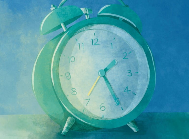 An illustration of an alarm clock to represent waking up throughout the night to urinate due to an enlarged prostate | Esther Curtis