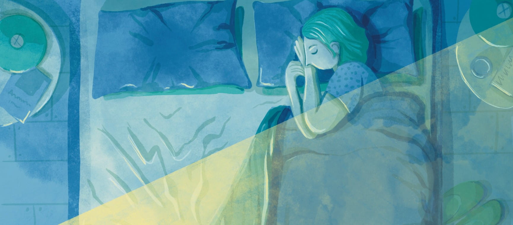 An illustration of a woman asleep alone in a bed at night to represent her partner waking up throughout the night to urinate due to an enlarged prostate | Esther Curtis 