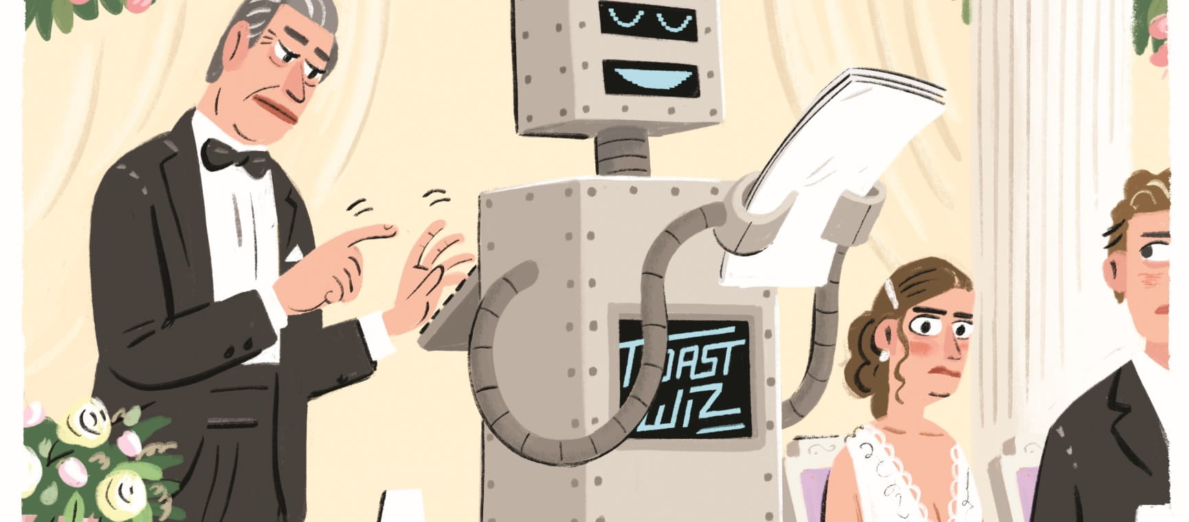 An illustration depicting an AI robot writing a Father of the Bride speech | Stephen Collins
