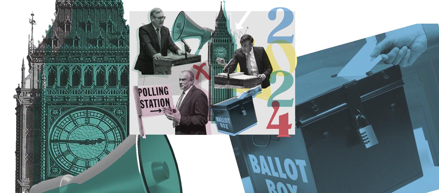 Election graphic representing Sunak, Starmer and Davey