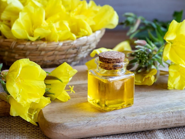 Evening Primrose Oil in a glass bottle next to the flowers themselves | Getty/Madeleine_Steinbach