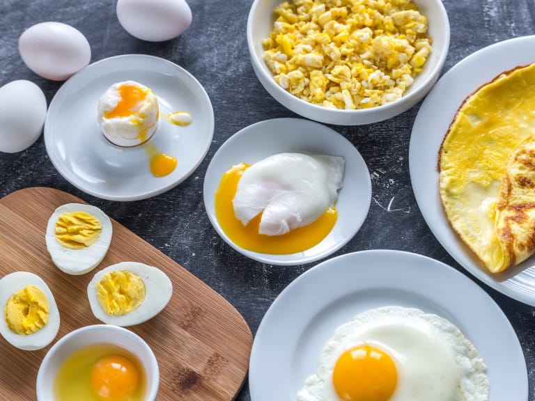 Eggs cooked in a variety of ways