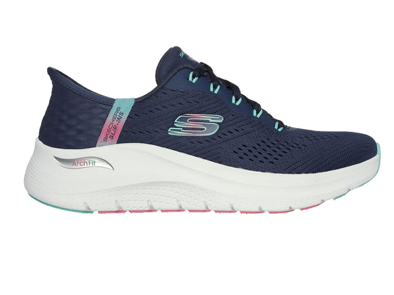 A dark blue slip on trainer shoe by Skechers
