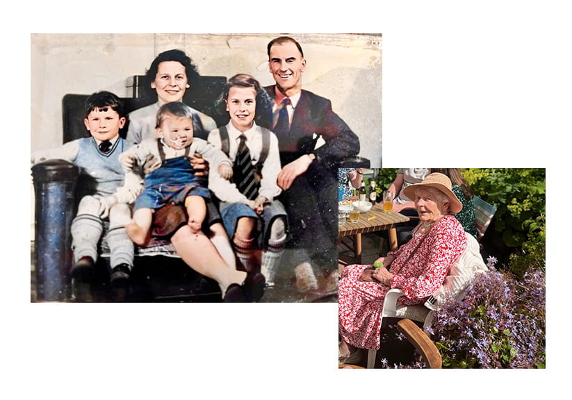 Betty with her family and then in her garden on her 101st birthday