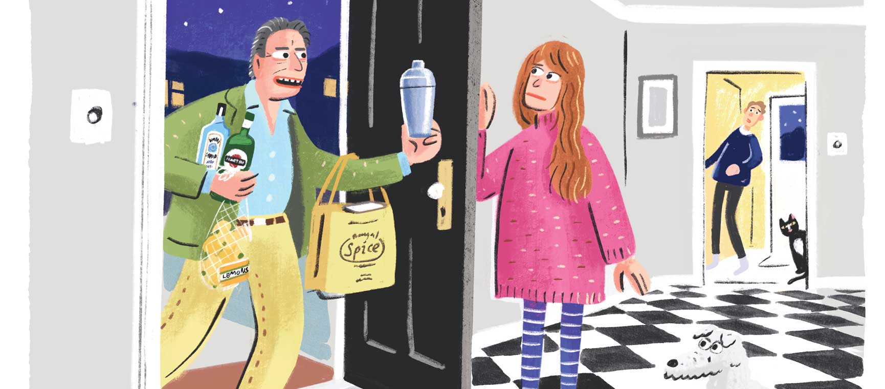 Illustration of Mark Palmer arriving at his daughter's house with wine and takeaway