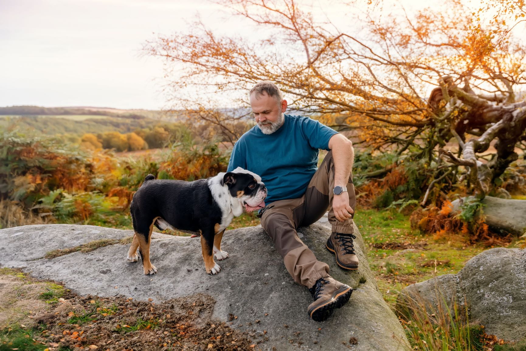 man on a digital detox with his dog