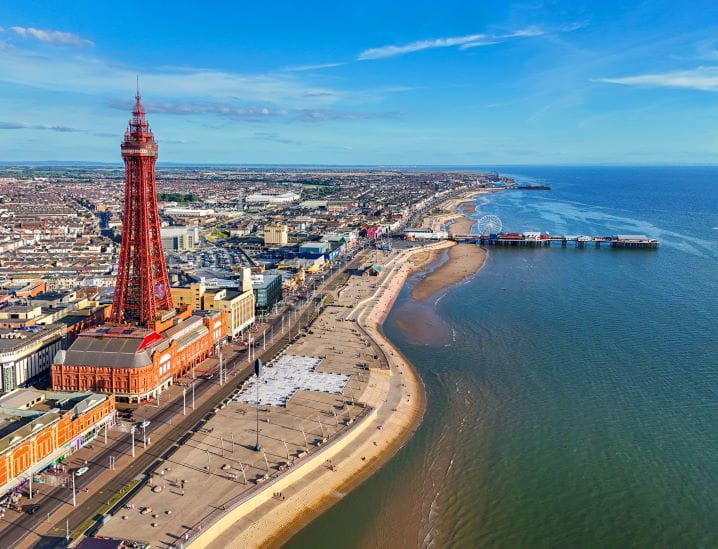 Aerial Image of Blackpool Tower along the Fylde Coast, Lancashire during a lovely Summer evening on the Sea front