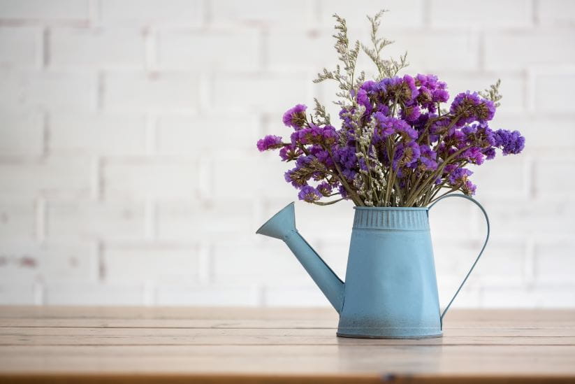 purple dried flowers in a jug on a work surface