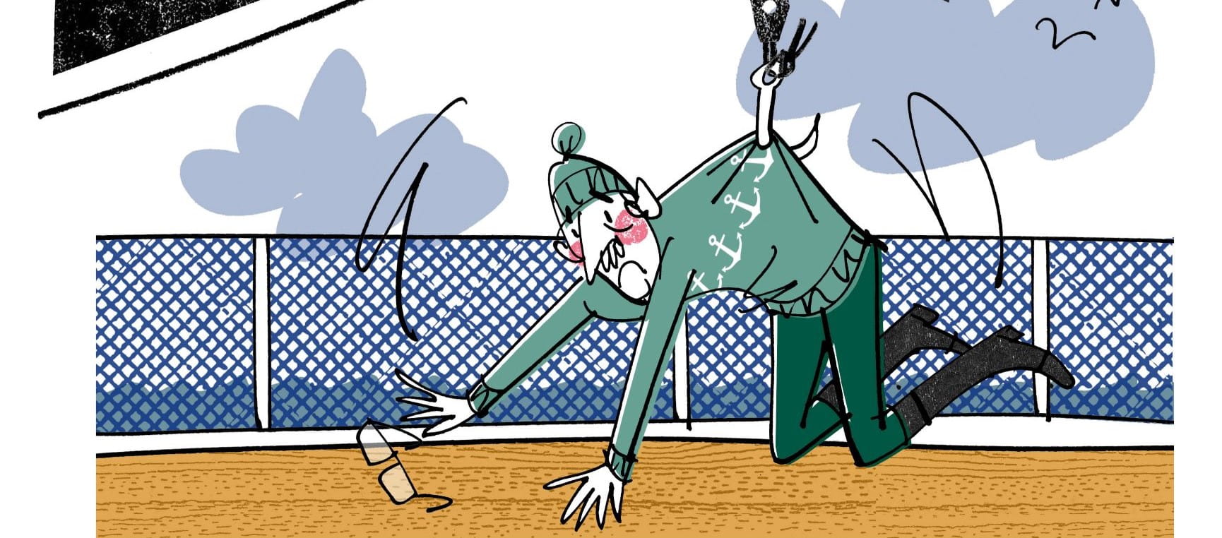 Illustration of Hunter Davies being picked up by a crane