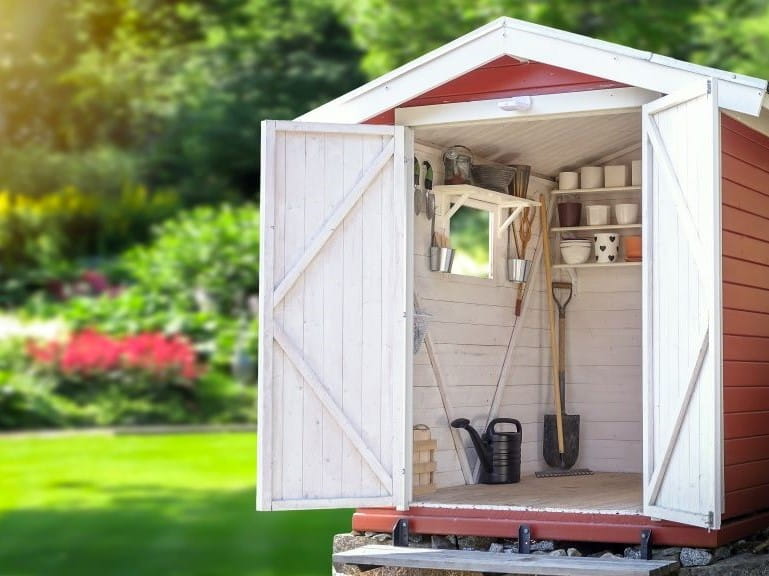 Pretty shed in the sunlight with shelves and organised tools