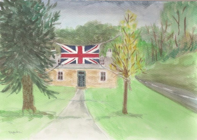 Painting of the Union Jack flag over a house