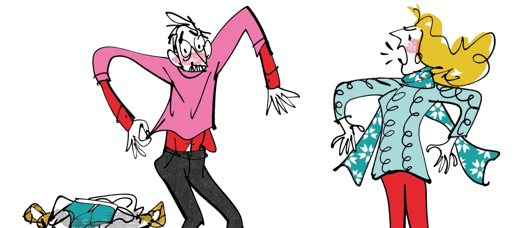 An illustration of Hunter Davies attempting to don his shrunk pink pullover