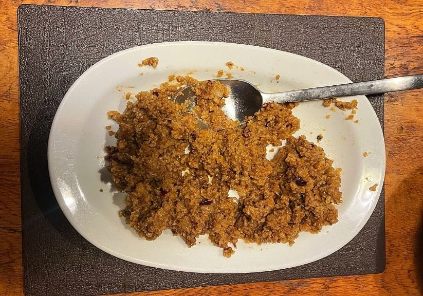 I white dish containing Stahly vegetarian haggis on a table