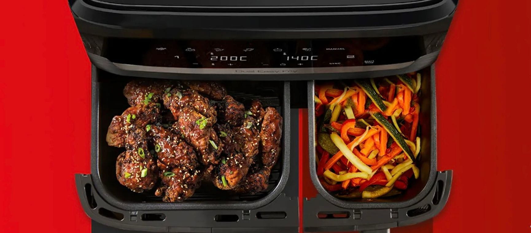 A Tefal Easy Fry Dual air fryer with a red background