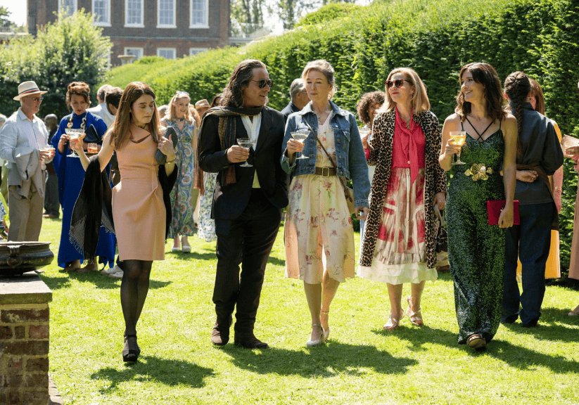 Bridget Jones and her friends at a garden party