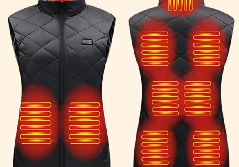 a front and back image of a heated gilet with the elements showing