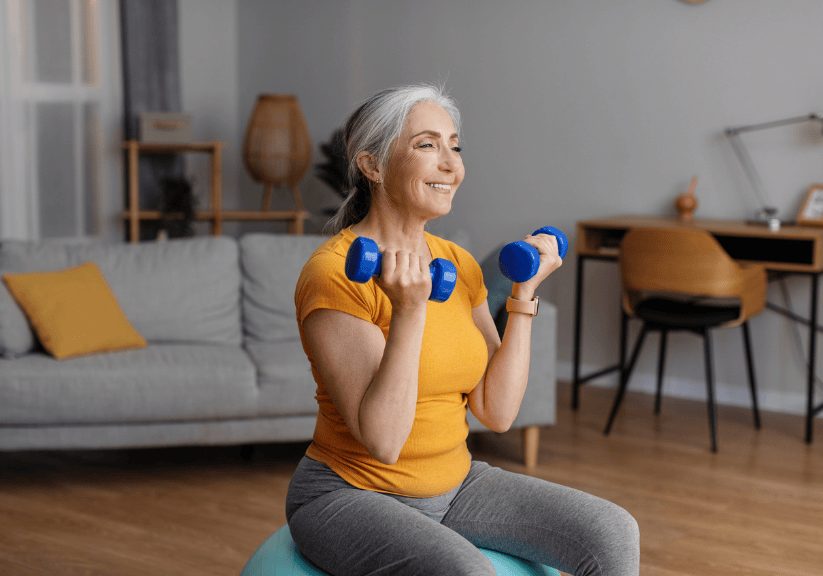 a woman in a yellow t shirt in her front room lifting small weights