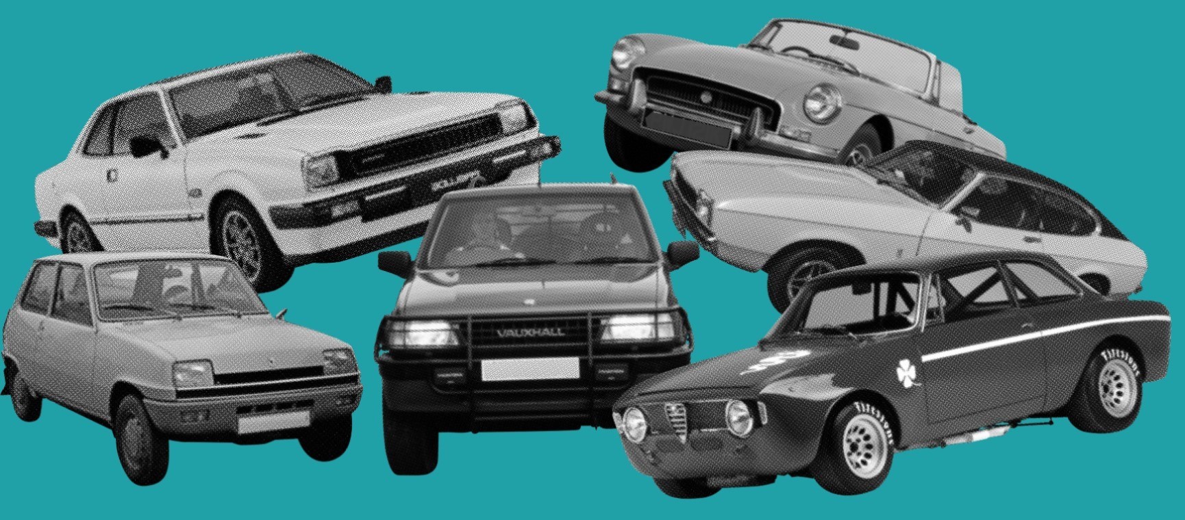 The vintage cars mentioned in the article arranged on a teal coloured background