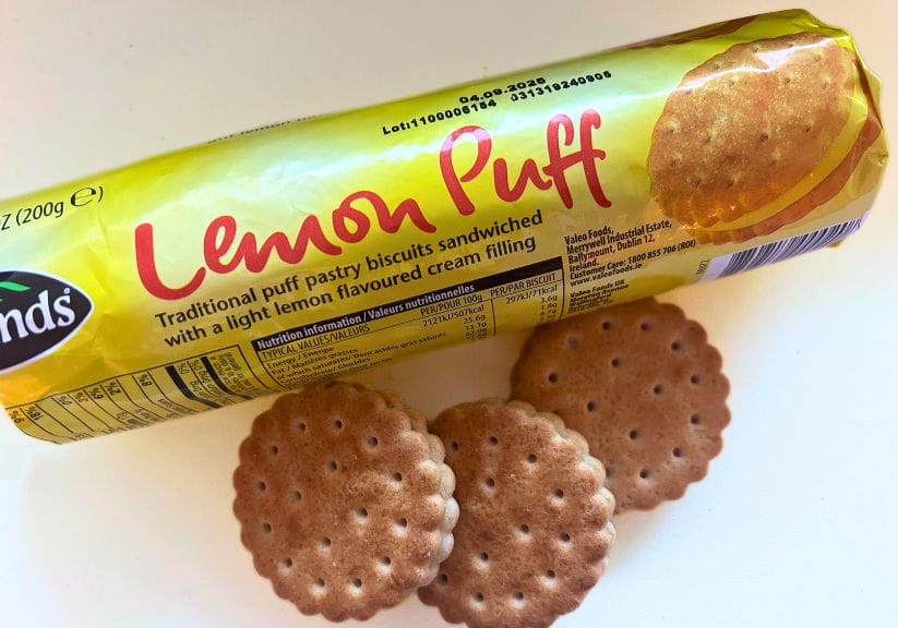 A packet of Lemon Puff biscuits shot against a white background