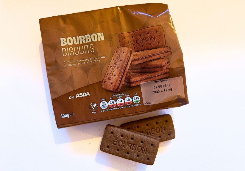 A packet of Bourbon biscuits against a white background