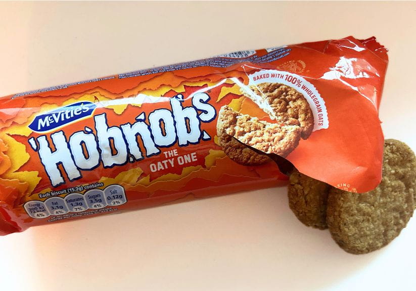 A packet of McVitie's Hobnobs shot against a white background