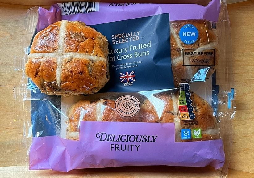 a packet of Aldi hot cross buns