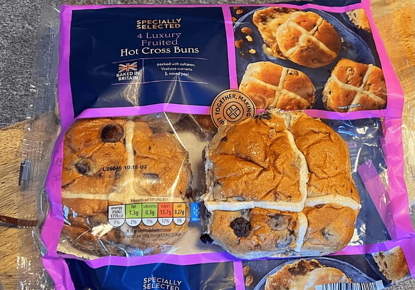 A packet of Aldi luxury hot cross buns
