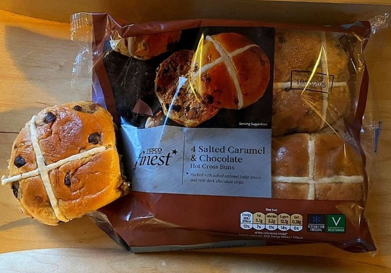 a packet of caramel hot cross buns