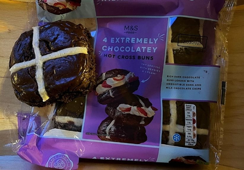 A packet of M&S chocolate hot cross buns