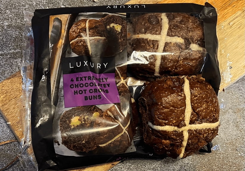 a packet of Iceland chocolate hot cross buns