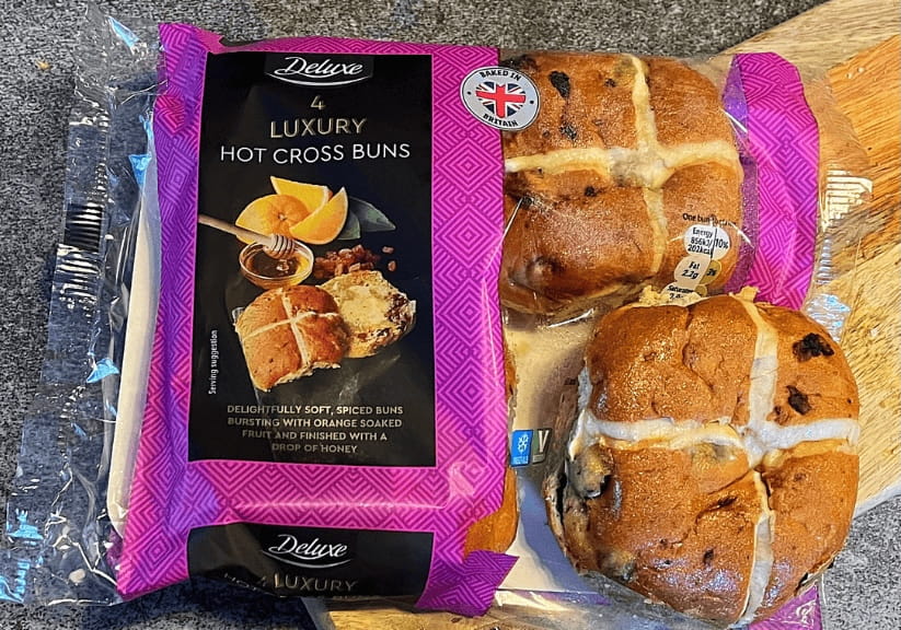 A packet of Lidl luxury hot cross buns