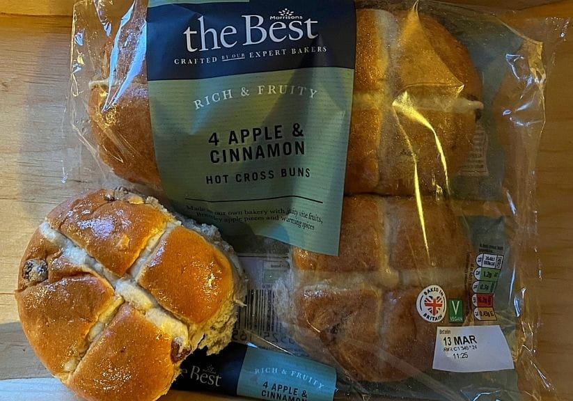 A packet of Morrisons apple hot cross buns