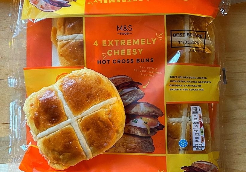 A packet of M&S cheese hot cross buns