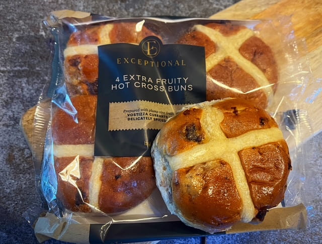 A packet of Asda Exceptional hot cross buns 2026