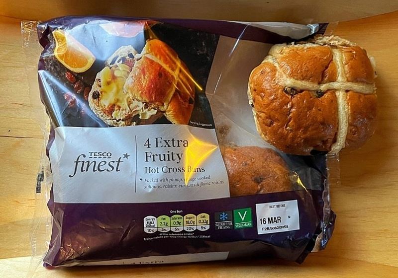 a packet of tesco hot cross buns