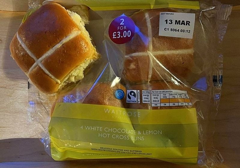 A packet of waitrose white chocolate hot cross buns