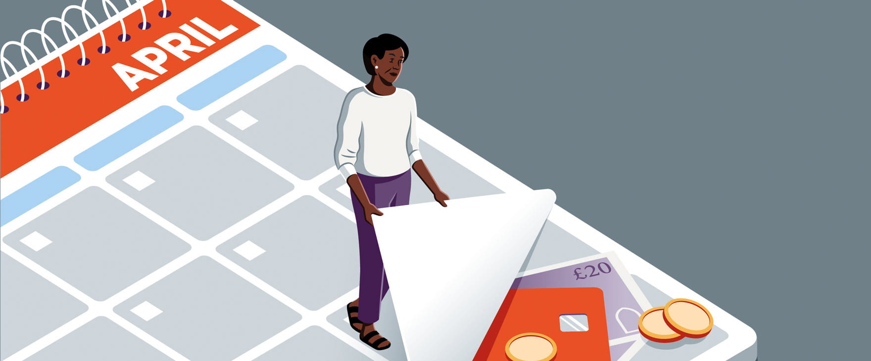 An illustration of a woman walking on a calendar open at the month of April where money is hiding