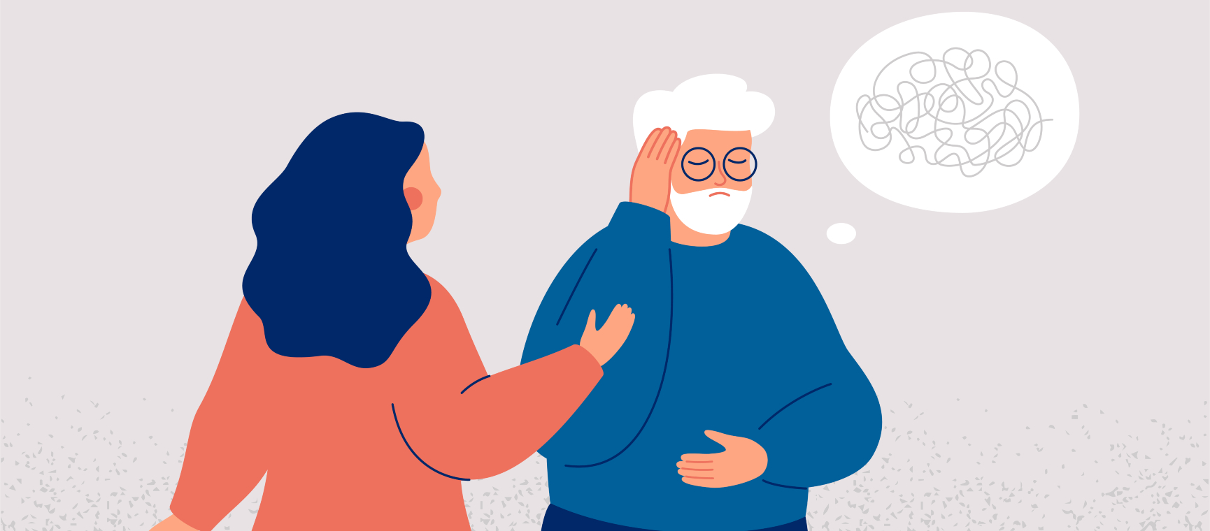 Illustration of a female caregiver and an elderly man with dementia